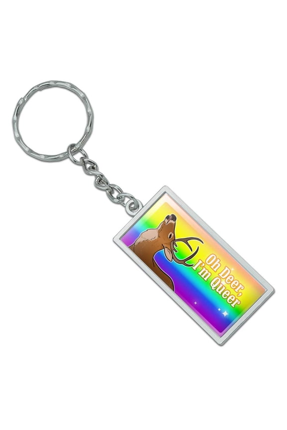 Rectangle  Oh Deer I'm Queer Rainbow Pride Gay Lesbian Funny Keychain in Chrome Plated Metal