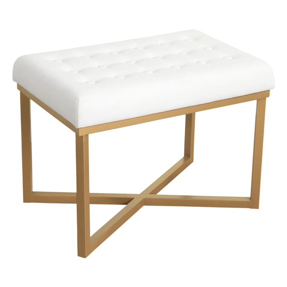 Rectangle Ottoman with White Velvet Tufted Cushion and Gold Metal X Base: Upholstered Footstool, Padded Vanity Seat