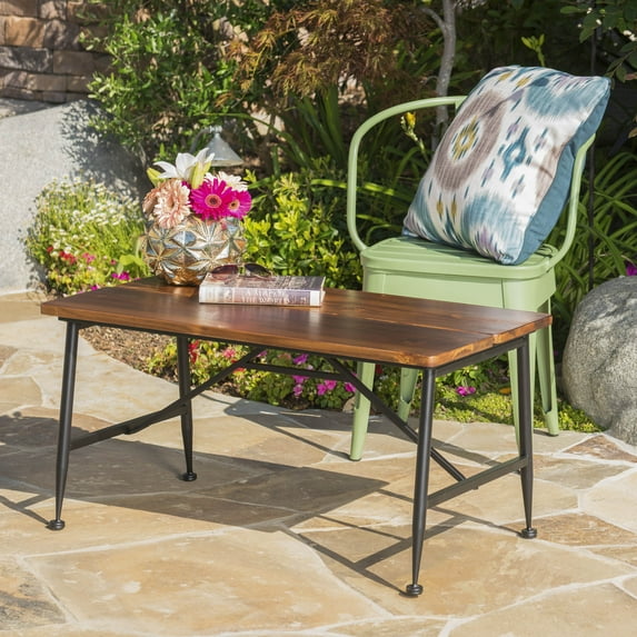 Rectangle Outdoor Coffee Table with Angled Tubular Legs and Wood Top, Black