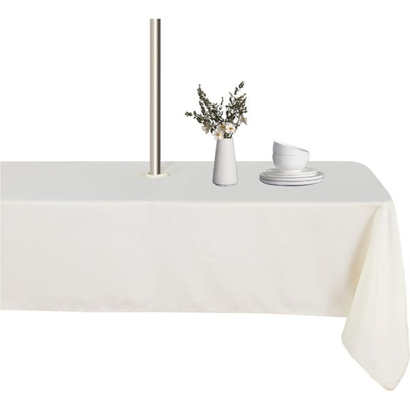 Rectangle Outdoor Tablecloth with Umbrella Hole and Zipper, 60x102 Inch Beige, Washable Waterproof Table Cloth Spill Proof Wrinkle Free Table Cover for Patio Spring Summer Picnic