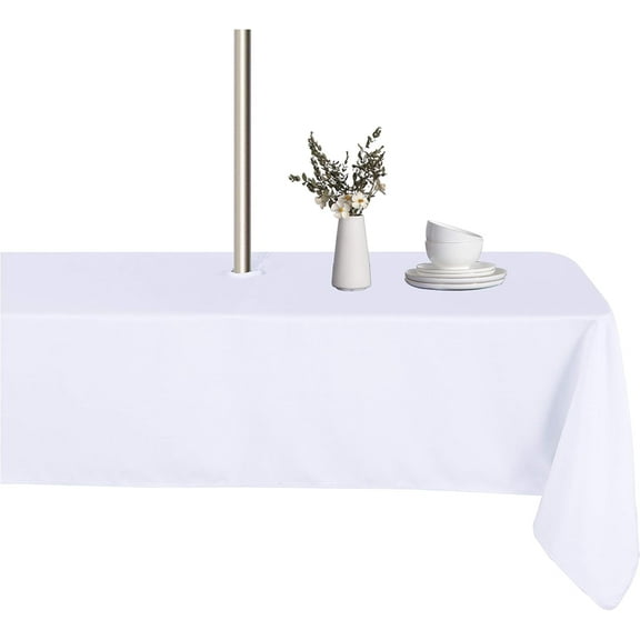 Rectangle Outdoor Tablecloth with Umbrella Hole and Zipper, 60x120 Inch White, Washable Waterproof Table Cloth Spill Proof Wrinkle Free Table Cover for Patio Spring Summer Picnic