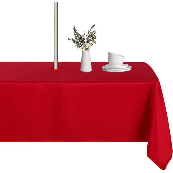 Rectangle Outdoor Tablecloth with Umbrella Hole and Zipper, 60x84 Inch Red, Washable Waterproof Table Cloth Spill Proof Wrinkle Free Table Cover for Patio Spring Summer Picnic