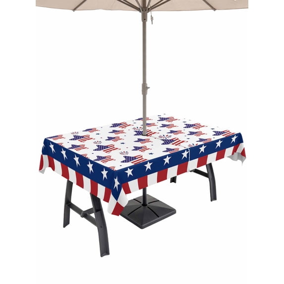 Rectangle Outdoor Tablecloth With Umbrella Hole And Zipper– American Flag 4th of July Waterproof Patio Table Cover for Party, Picnic, Backyard, 60"x102" , Red White Blue Striped