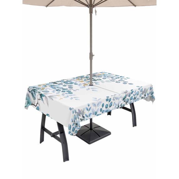 Rectangle Outdoor Tablecloth With Umbrella Hole And Zipper– Blue Eucalyptus Leaf Waterproof Patio Table Cover for Party, Picnic, Backyard, 60"x102" , Botanical Winter Floral White