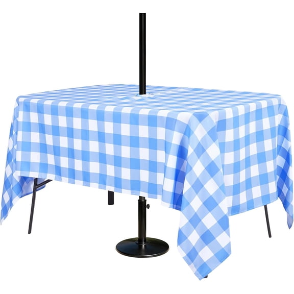 Rectangle Outdoor Tablecloth with Umbrella Hole and Zipper,Blue Gingham 70x52 Inch,Polyester SpillProof Washable Table Cloth for Spring Summer Patio Garden Poolside Picnic Camping BBQS