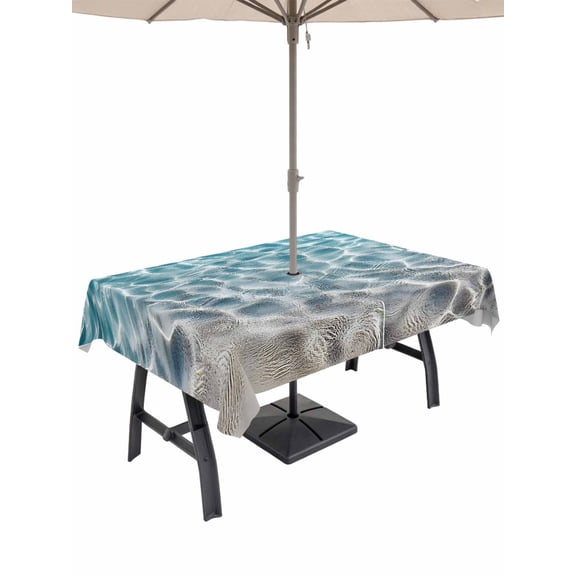 Rectangle Outdoor Tablecloth With Umbrella Hole And Zipper– Blue Sea Water Waterproof Patio Table Cover for Party, Picnic, Backyard, 60"x84" , Coastal Tropical Ocean Wave