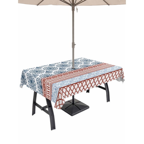 Rectangle Outdoor Tablecloth With Umbrella Hole And Zipper– Boho Waterproof Patio Table Cover for Party, Picnic, Backyard, 60"x120" , Geometric Stripes Damask Red and Blue