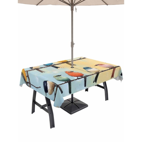 Rectangle Outdoor Tablecloth With Umbrella Hole And Zipper– Colorful Birds Waterproof Patio Table Cover for Party, Picnic, Backyard, 60"x102" , Blue Teal Yellow Red