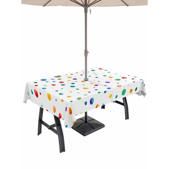 Rectangle Outdoor Tablecloth With Umbrella Hole And Zipper– Colorful Polka Dot Waterproof Patio Table Cover for Party, Picnic, Backyard, 60"x84" , Rainbow Color