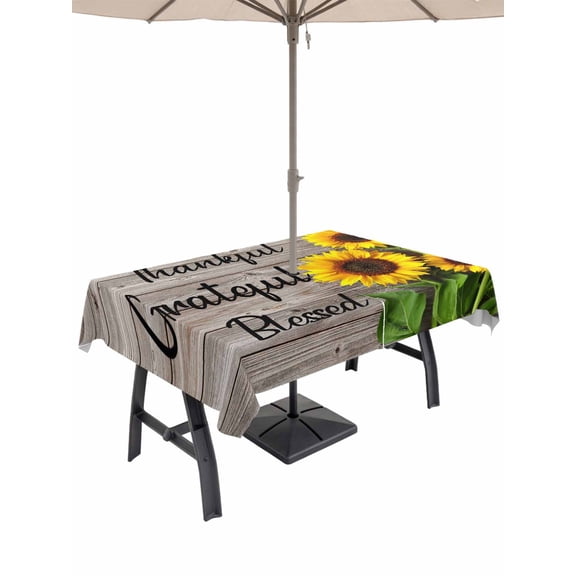 Rectangle Outdoor Tablecloth With Umbrella Hole And Zipper– Farmhouse Sunflower Waterproof Patio Table Cover for Party, Picnic, Backyard, 60"x84" , Positive Quotes Thankful Grateful