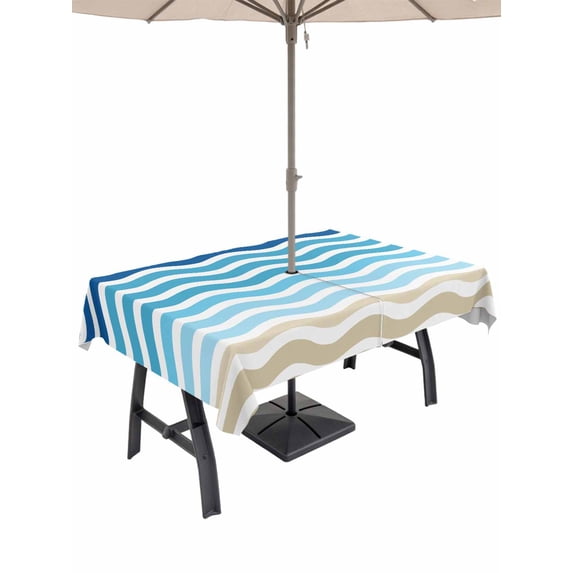 Rectangle Outdoor Tablecloth With Umbrella Hole And Zipper– Geometric Beach Striped Pattern Waterproof Patio Table Cover for Party, Picnic, Backyard, 60"x120" , Blue Brown Wave Pattern