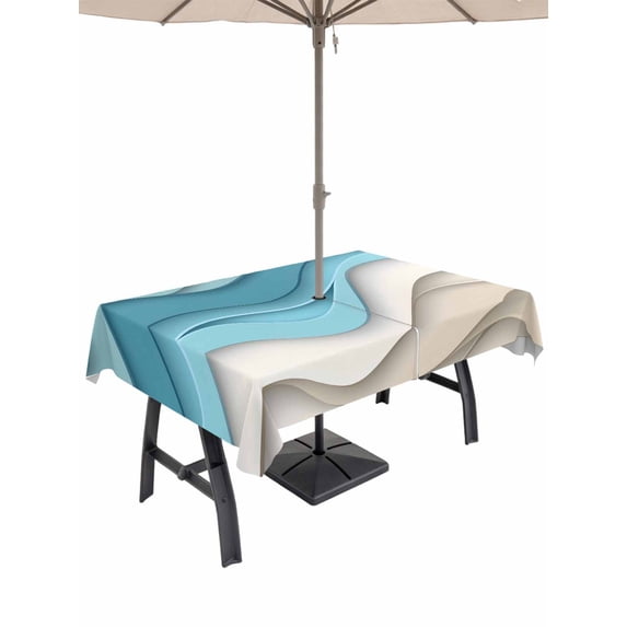Rectangle Outdoor Tablecloth With Umbrella Hole And Zipper– Gradient Blue Brown Beach Waterproof Patio Table Cover for Party, Picnic, Backyard, 52"x70" , Abstract Coastal Ocean Wave