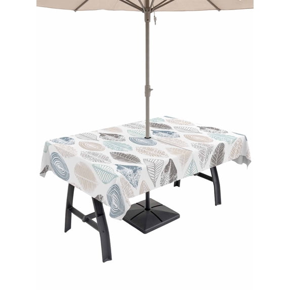 Rectangle Outdoor Tablecloth With Umbrella Hole And Zipper– Minimalist Geometric Leaf Pattern Waterproof Patio Table Cover for Party, Picnic, Backyard, 54"x80" , Blue Brown Gray