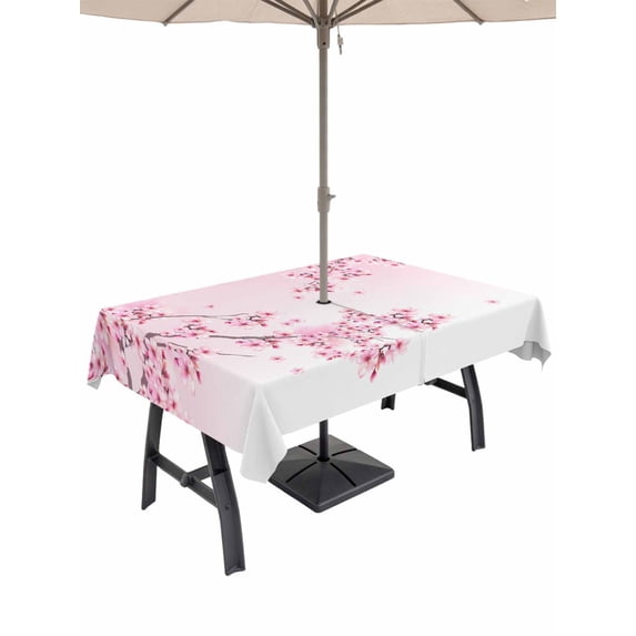 Rectangle Outdoor Tablecloth With Umbrella Hole And Zipper– Pink Cherry Blossom Waterproof Patio Table Cover for Party, Picnic, Backyard, 60"x120" , Watercolor Spring Flowers