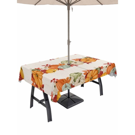 Rectangle Outdoor Tablecloth With Umbrella Hole And Zipper– Pumpkins Fall Thanksgiving Waterproof Patio Table Cover for Party, Picnic, Backyard, 54"x80" , Farmhouse Autumn Leaves Floral