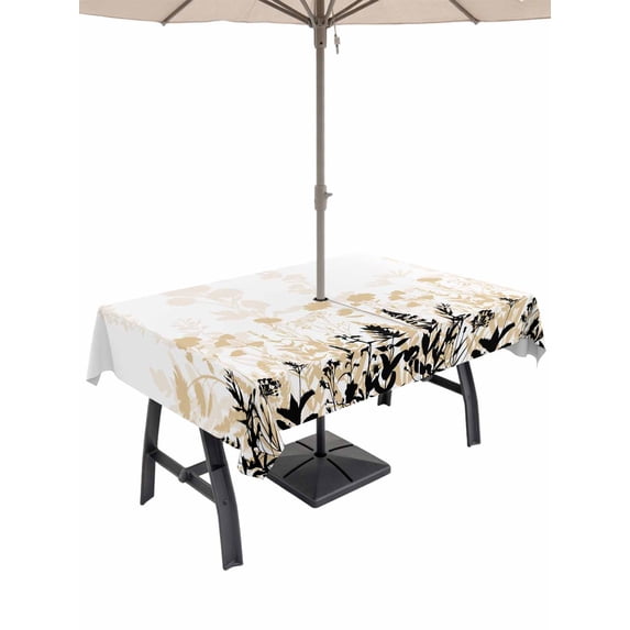 Rectangle Outdoor Tablecloth With Umbrella Hole And Zipper– Rustic Field Waterproof Patio Table Cover for Party, Picnic, Backyard, 60"x120" , Silhouette Flower Herb Cream Black