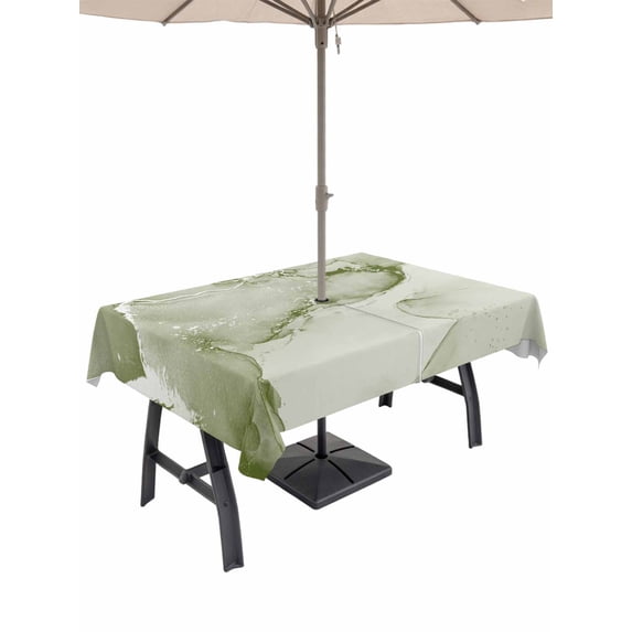 Rectangle Outdoor Tablecloth With Umbrella Hole And Zipper– Sage Green Marble Textured Waterproof Patio Table Cover for Party, Picnic, Backyard, 60"x84" , Abstract Ocean Fluid Art