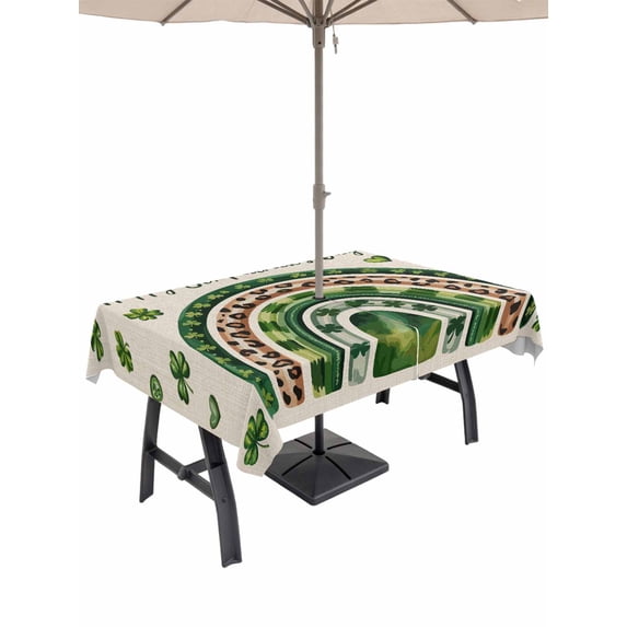 Rectangle Outdoor Tablecloth With Umbrella Hole And Zipper– St. Patrick's Day Waterproof Patio Table Cover for Party, Picnic, Backyard, 52"x70" , Green Shamrocks Rainbows Retro