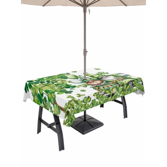Rectangle Outdoor Tablecloth With Umbrella Hole And Zipper– St. Patrick's Day Waterproof Patio Table Cover for Party, Picnic, Backyard, 52"x70" , Watercolor Farm Gnome Truck Shamrock Tree
