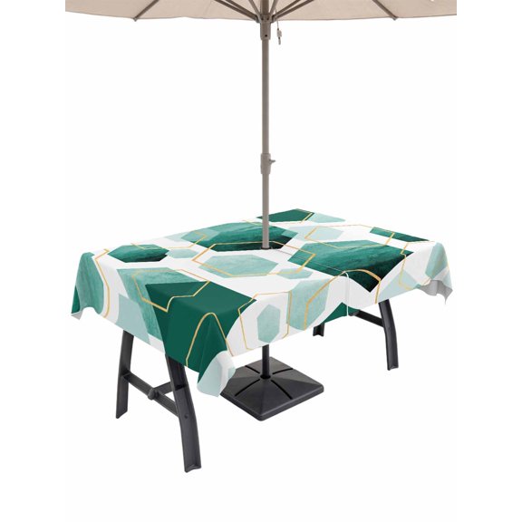Rectangle Outdoor Tablecloth With Umbrella Hole And Zipper– Teal White Gold Geometric Waterproof Patio Table Cover for Party, Picnic, Backyard, 52"x70" , Modern Abstract Hexagon Pattern