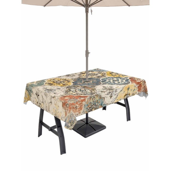 Rectangle Outdoor Tablecloth With Umbrella Hole And Zipper– Vintage Boho Morocco Waterproof Patio Table Cover for Party, Picnic, Backyard, 54"x80" , Floral Lattice Pattern Yellow Cream
