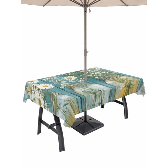 Rectangle Outdoor Tablecloth With Umbrella Hole And Zipper– Vintage Oil Painting Art Waterproof Patio Table Cover for Party, Picnic, Backyard, 60"x102" , Daisy Bottle Jar Blue White