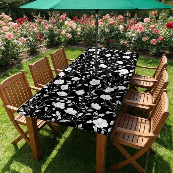 Rectangle Outdoor Tablecloth with Umbrella Hole and Zipper Waterproof Rectangle Fitted Tablecloth with Elastic Edge, Wipeable Outdoor Table Cover for Patio, Garden, Picnic