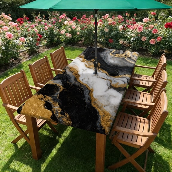 Rectangle Outdoor Tablecloth with Umbrella Hole and Zipper Waterproof Rectangle Fitted Tablecloth with Elastic Edge, Wipeable Outdoor Table Cover for Patio, Garden, Picnic