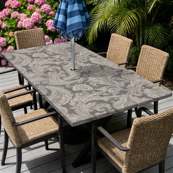 Rectangle Outdoor Tablecloth with Umbrella Hole and Zipper Waterproof Rectangle Fitted Tablecloth with Elastic Edge, Wipeable Outdoor Table Cover for Patio, Garden, Picnic
