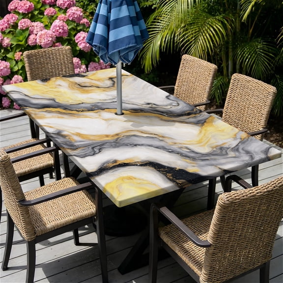 Rectangle Outdoor Tablecloth with Umbrella Hole and Zipper Waterproof Rectangle Fitted Tablecloth with Elastic Edge, Wipeable Outdoor Table Cover for Patio, Garden, Picnic