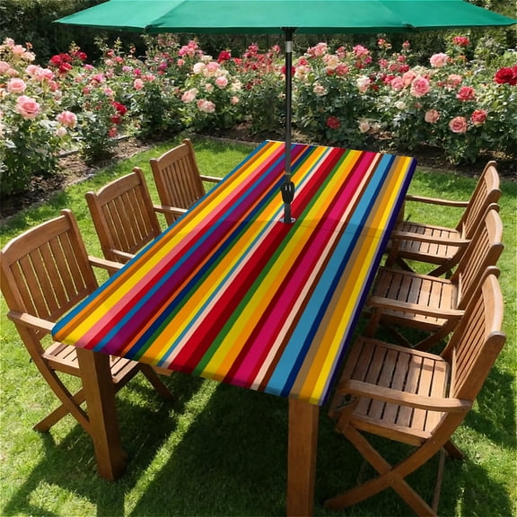 Rectangle Outdoor Tablecloth with Umbrella Hole and Zipper Waterproof Rectangle Fitted Tablecloth with Elastic Edge, Wipeable Outdoor Table Cover for Patio, Garden, Picnic