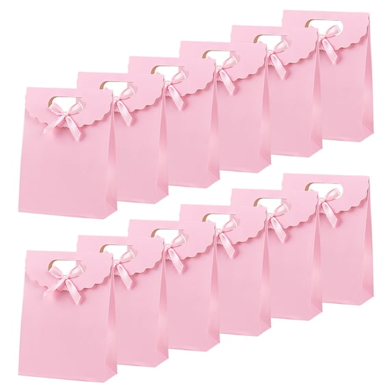 Rectangle Paper Gift Bags Ribbon Bowknot Decorated Candy Tote for Birthday Wedding Pink 16.5x12x6cm