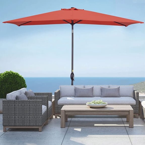 Rectangle Patio Umbrella 6.5x10ft, Outdoor Market Table Umbrella Aluminum Pole with Tilt and Crank 6 Sturdy Ribs for Deck Lawn Pool, Wine Red