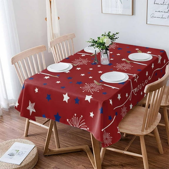 Rectangle Patriotic Memorial Tablecloth 60 x 84 Waterproof & Stainproof Tablecloths,Wipeable Table Cloth Wrinkle-Free for Round/Rectangle/Square/Dining/Party,Stars Red Blue Fireworks 4th of July