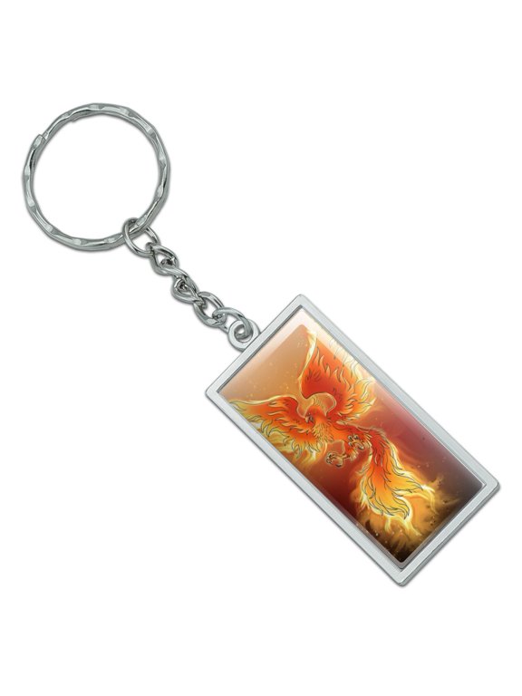 Rectangle Phoenix Rising from the Flames Keychain in Chrome Plated Metal