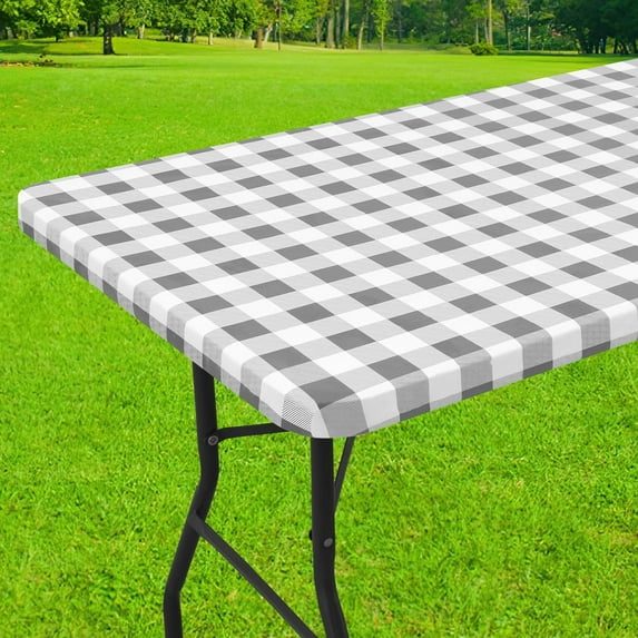 Rectangle Picnic Table Cloth, Elastic Waterproof Fitted Vinyl Tablecloth for 4 FT Tables, Flannel Backed Buffalo Plaid Table Covers for Dining, Camping, Outdoor (Black and White, 30" x 48")