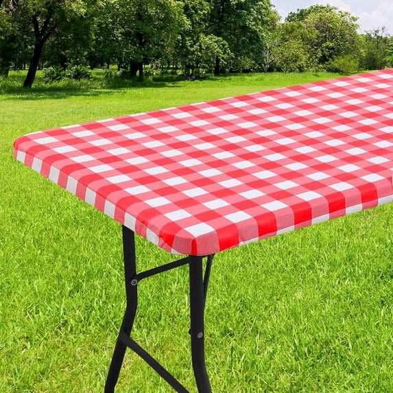 Rectangle Picnic Table Cloth, Elastic Waterproof Fitted Vinyl Tablecloth for 4 FT Tables, Flannel Backed Buffalo Plaid Table Covers for Dining, Camping, Outdoor (Black and White, 30" x 48")