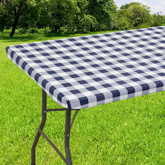 Rectangle Picnic Table Cloth, Elastic Waterproof Fitted Vinyl Tablecloth for 4 FT Tables, Flannel Backed Buffalo Plaid Table Covers for Dining, Camping, Outdoor (Black and White, 30" x 48")