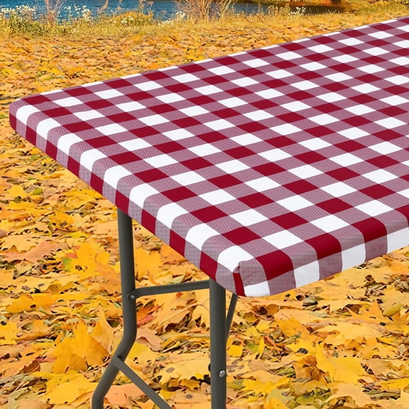 Rectangle Picnic Table Cloth, Elastic Waterproof Fitted Vinyl Tablecloths, Flannel Backed Buffalo Plaid Table Covers for Dining, Camping, Outdoor (Burgundy and White, 30" x60")