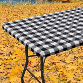 Rectangle Picnic Table Cloth, Elastic Waterproof Fitted Vinyl Tablecloths, Flannel Backed Buffalo Plaid Table Covers for Dining, Camping, Outdoor (Black and White, 30" x 60")