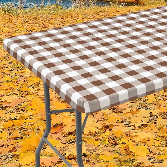 Rectangle Picnic Table Cloth, Elastic Waterproof Fitted Vinyl Tablecloths, Flannel Backed Buffalo Plaid Table Covers for Dining, Camping, Outdoor (Black and White, 30" x 60")