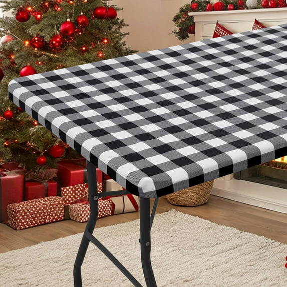 Rectangle Picnic Table Cloth, Elastic Waterproof Fitted Vinyl Tablecloths, Flannel Backed Buffalo Plaid Table Covers for Dining, Camping, Outdoor (White and Grey, 30" x 96")