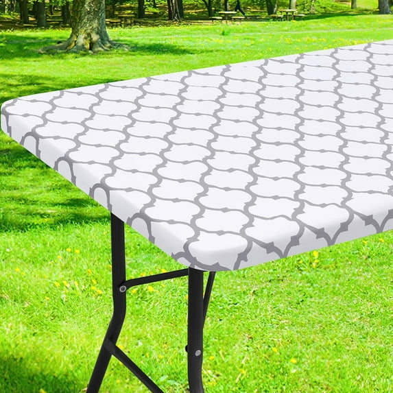Rectangle Picnic Table Cover, Waterproof Elastic Fitted Camping Tablecloths for 5 Foot Tables, Wipeable Flannel Backed Vinyl Tablecloth Protector for Indoor, Outdoor (Grey, 30x60 inches)