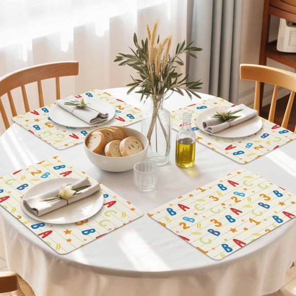 Rectangle Placemat Set of 4,Alphabet Letters Numbers Waterproof Dining Table Mats Washable Place Mat Educational Learning Pattern PU Table Placemats for Kitchen Coffee Decor,12x18in