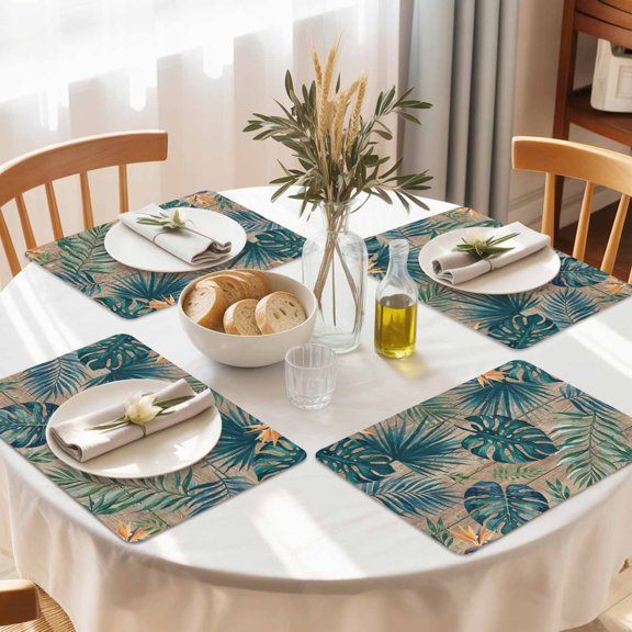 Rectangle Placemat Set of 4,Summer Palm Leaf Retro Wood Plank Waterproof Dining Table Mats Washable Place Mat Tropical Green Leaves PU Table Placemats for Kitchen Coffee Decor,12x18in