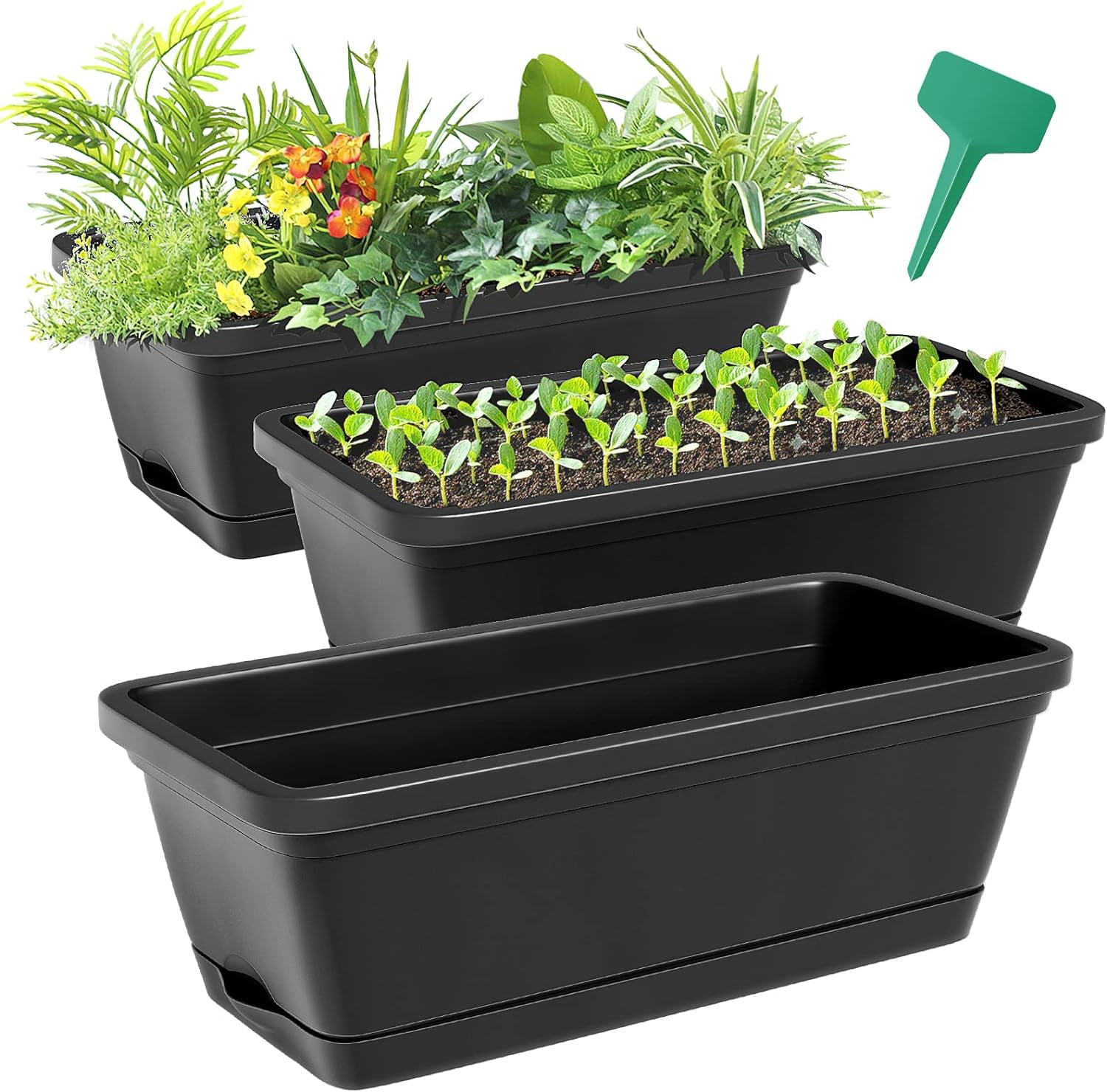 Rectangle Planter Box with Drainage Holes and Trays Plastic Planters