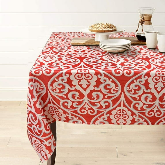 Rectangle Polyester Tablecloth Vintage Printed and Spill Proof Table Cover for Home and Kitchen (Red and White, 60x104 Inch)