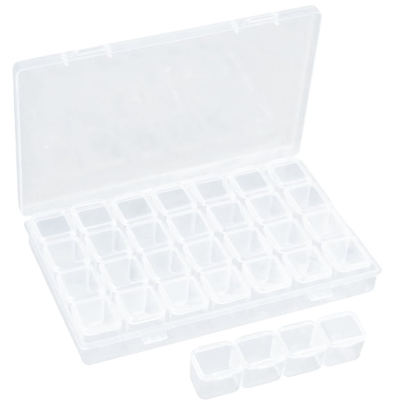 Rectangle Polypropylene Bead Storage Containers with Hinged Lid and 28 Grids Each Row Has 4 Grids for Jewelry Small Accessories Clear 17.5x11x2.5cm