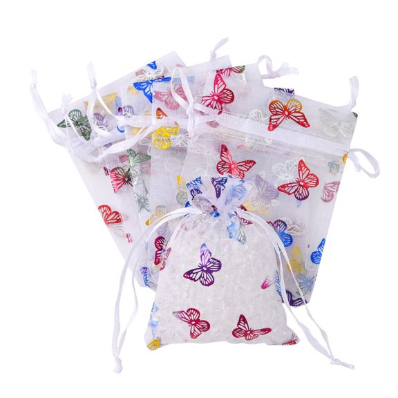 Rectangle Printed Organza Drawstring Bags Colorful Butterfly Pattern White 12x9cm