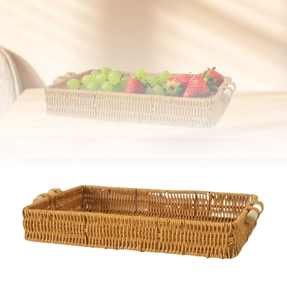 Rectangle Rattan Serving Trays with Handles, Decorative Woven Wicker Organizer Baskets Storage Tray for Coffee Table, Bread, Fruit, Snacks